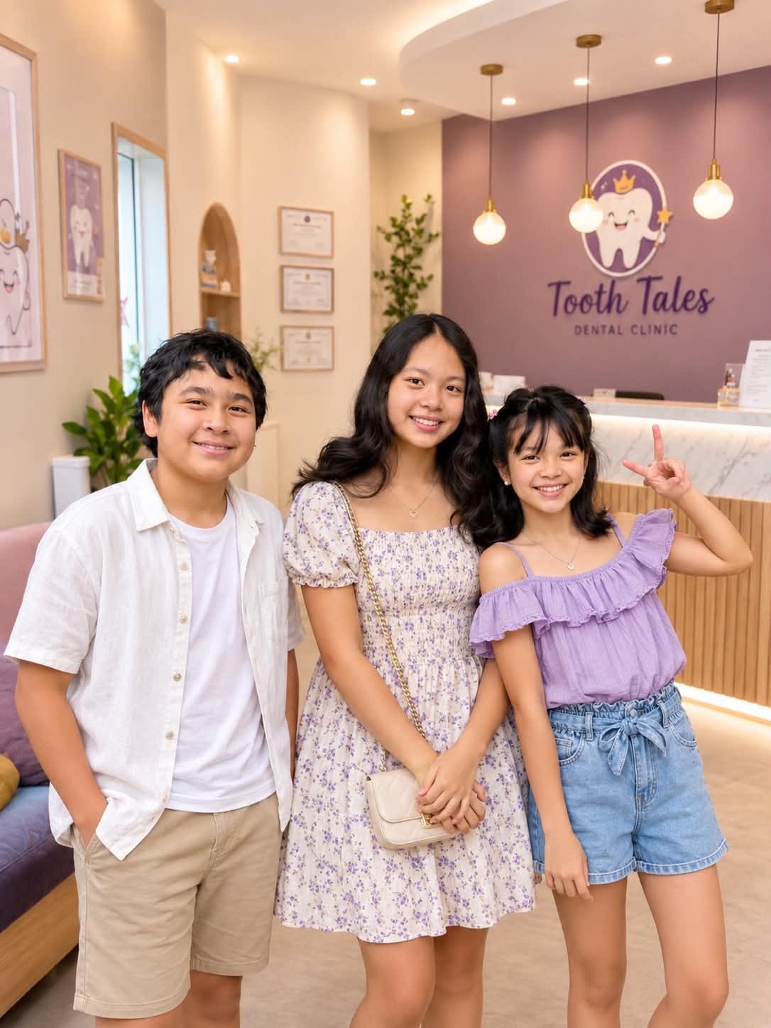 Three young patients at Tooth Tales Dental Clinic reception